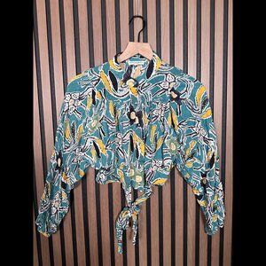 Christian Siriano New York Blouse Small Womens Blue Front Tie Floral Cropped